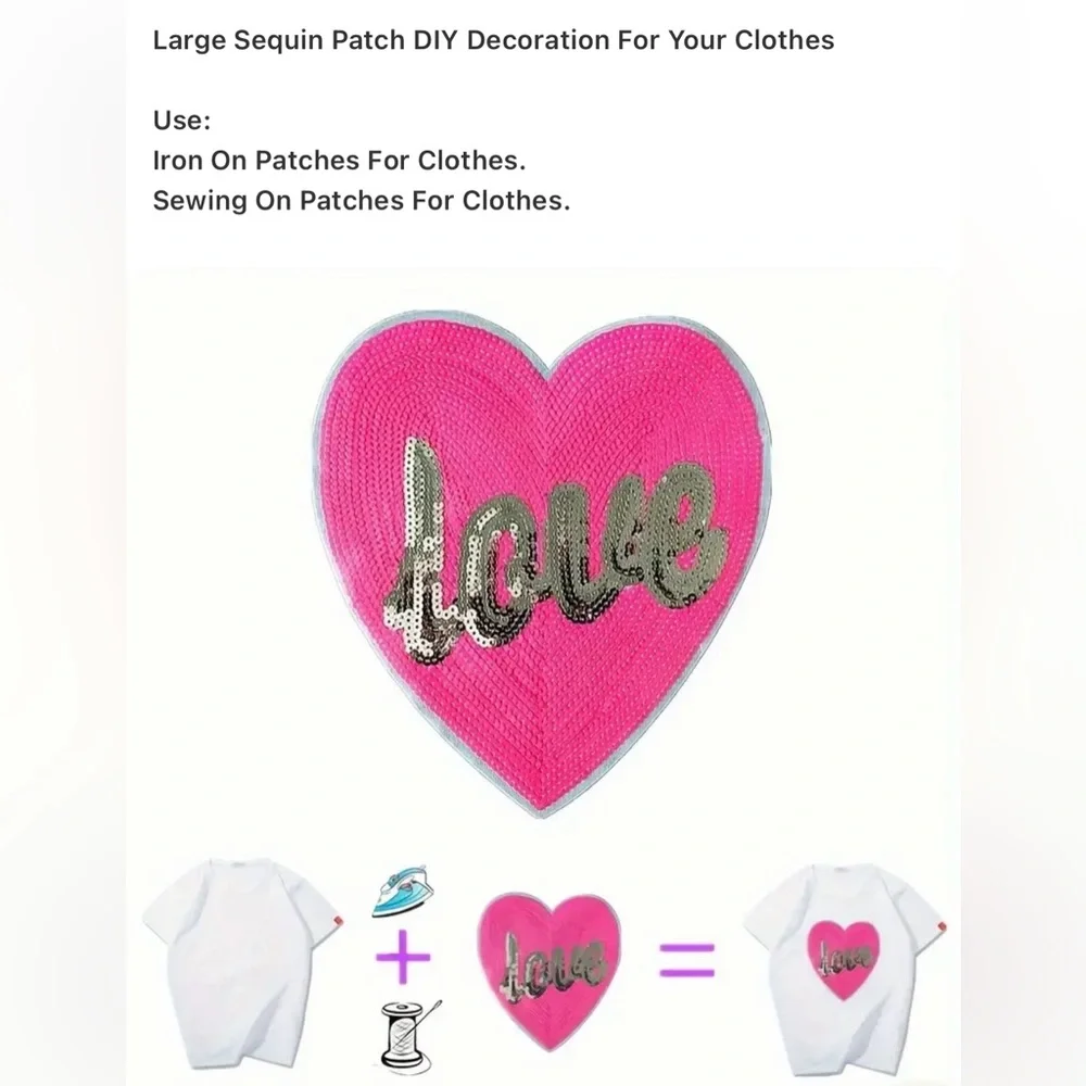 Pink & Silver Sequined Love Heart Iron-On Textured Applique, Large, New